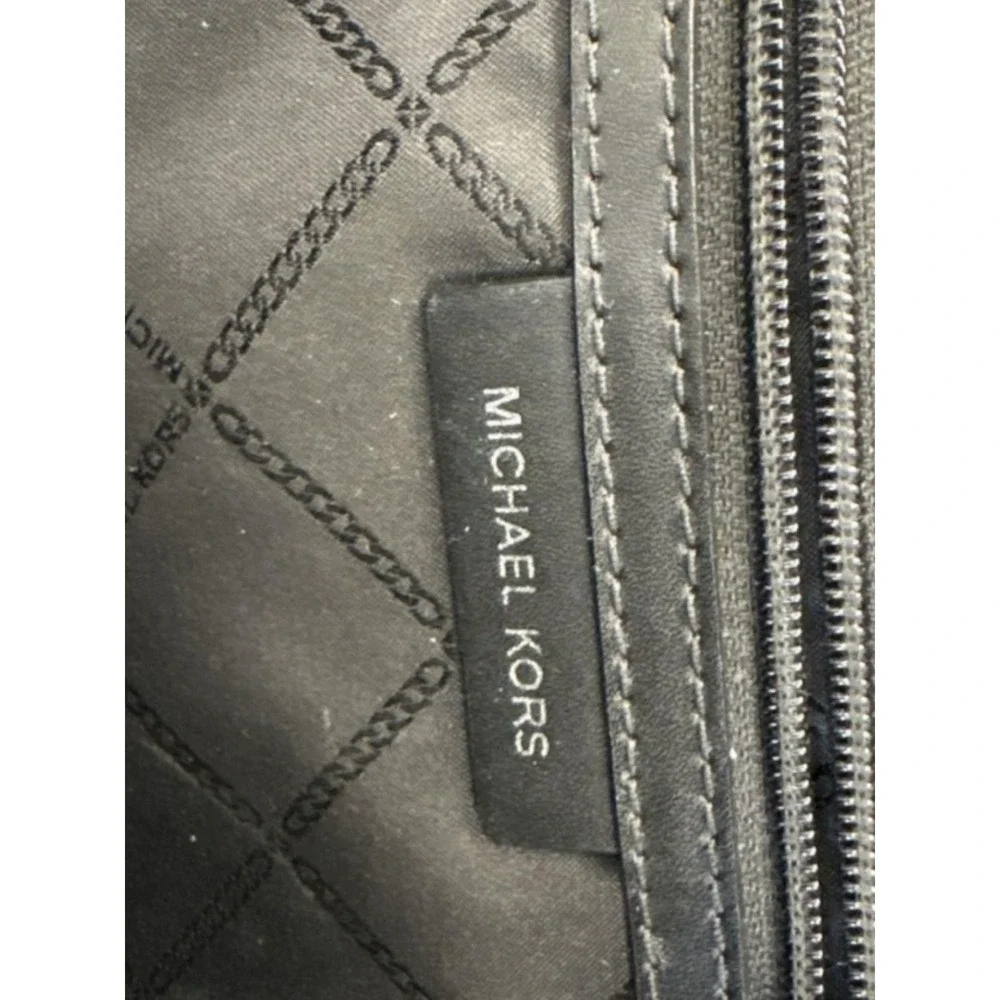Michael Kors Rhea Medium Metallic MK Logo Backpack‎ Silver Tone Zip Bag EUC